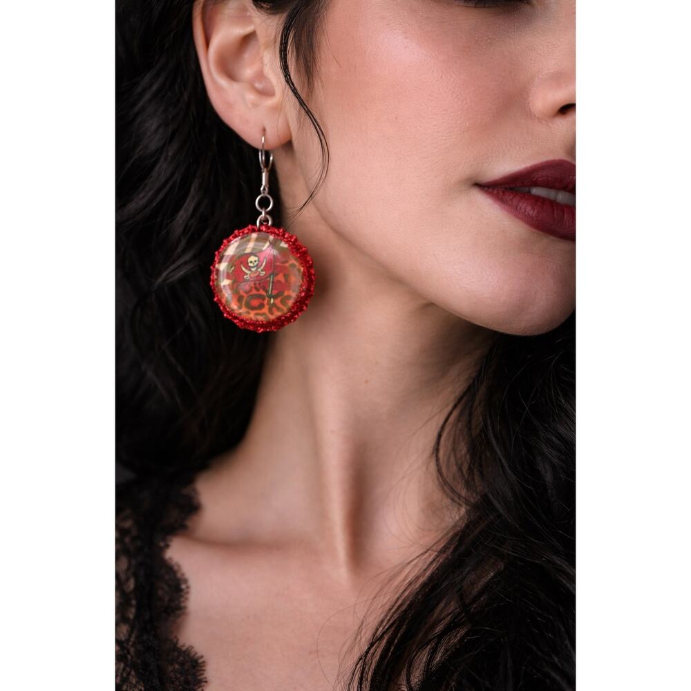 Red Glitter Bottlecap Earrings Tampa Bay Skull Flag Design